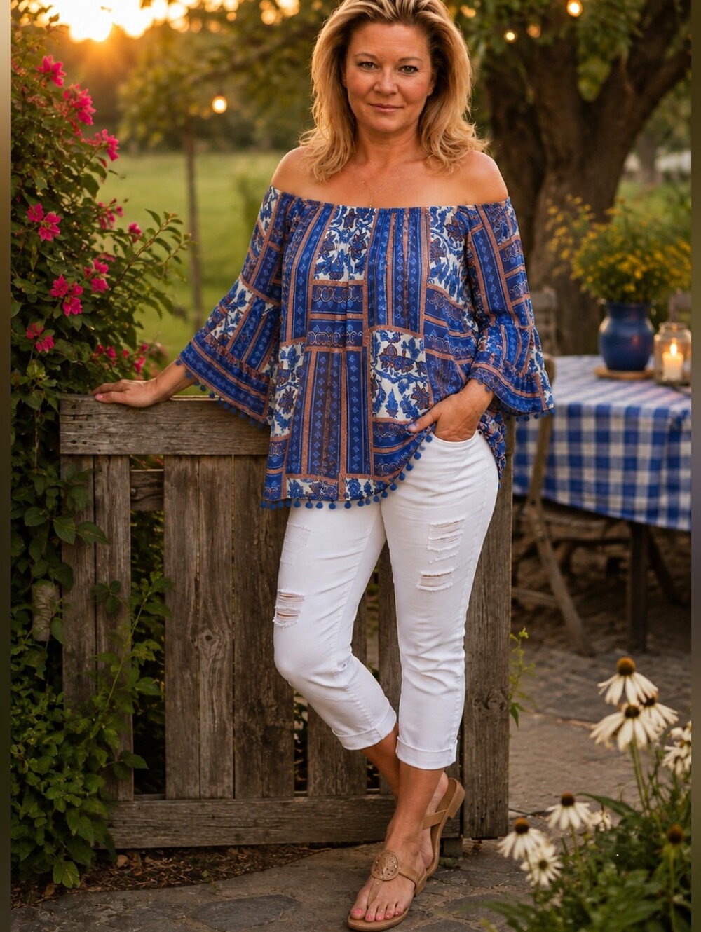Boho Blue Paisley Peasant Blouse with Pom Hem